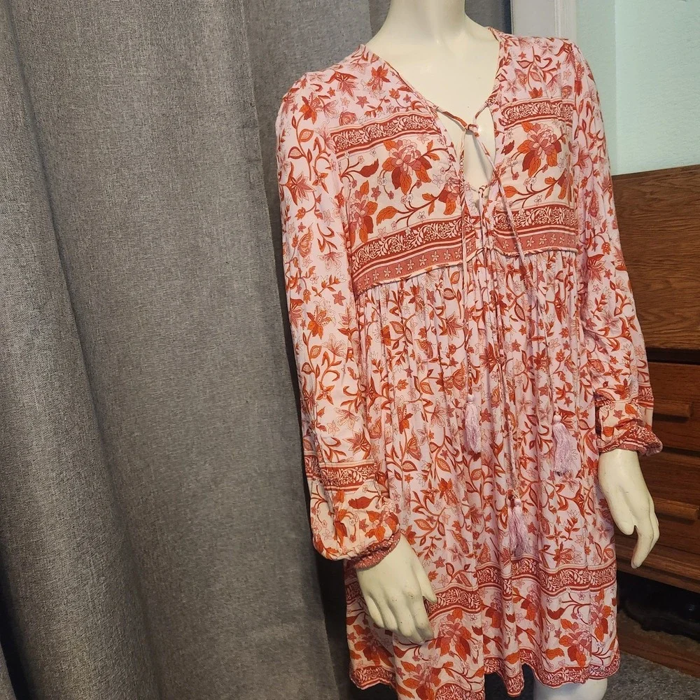 R.Vivimos Dress Medium Pink Red White Floral‎ Boho Peasant Tassel Tie Midi SZ L